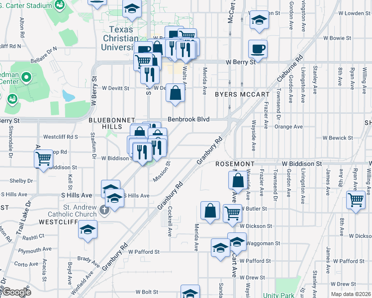 map of restaurants, bars, coffee shops, grocery stores, and more near 2812 West Bewick Street in Fort Worth