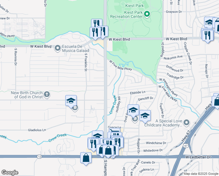 map of restaurants, bars, coffee shops, grocery stores, and more near 2374 Southwood Drive in Dallas