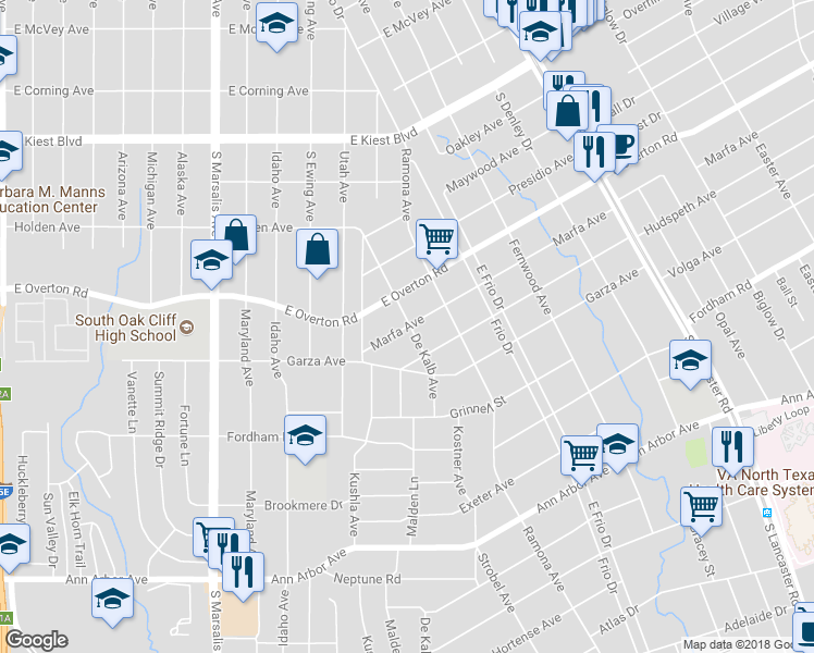 map of restaurants, bars, coffee shops, grocery stores, and more near 1259 Marfa Avenue in Dallas