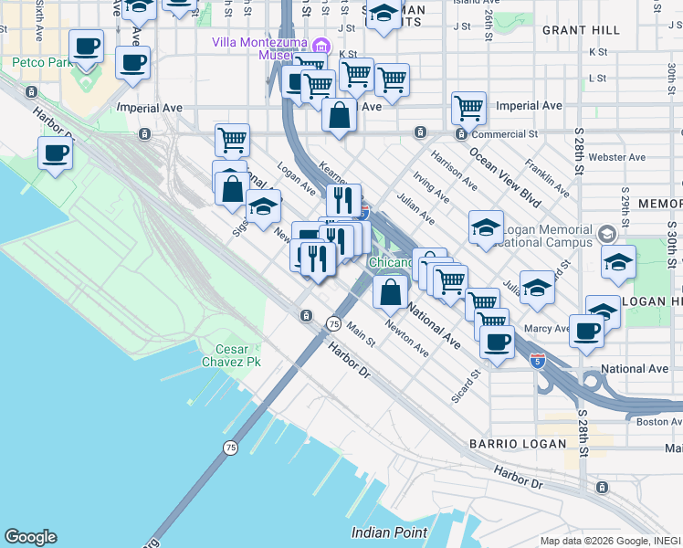 map of restaurants, bars, coffee shops, grocery stores, and more near 1101 Cesar E. Chavez Parkway in San Diego