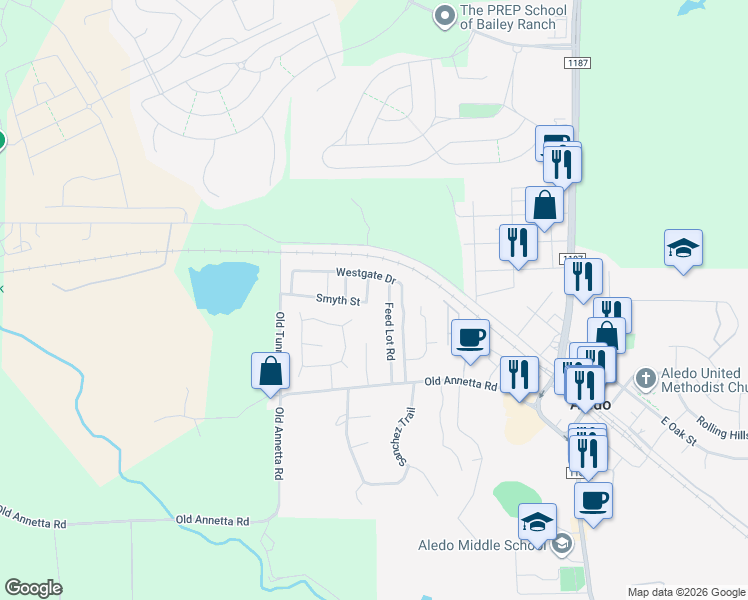 map of restaurants, bars, coffee shops, grocery stores, and more near 317 Feed Lot Road in Aledo