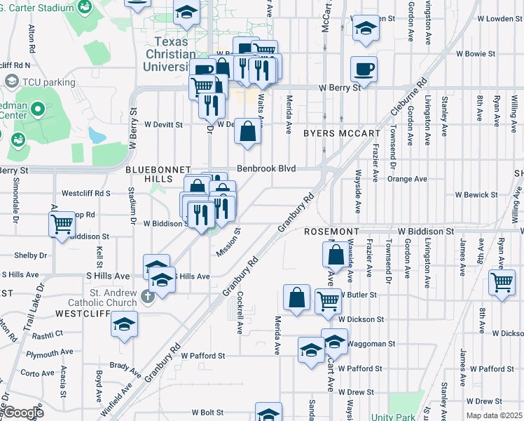 map of restaurants, bars, coffee shops, grocery stores, and more near 2812 West Bewick Street in Fort Worth