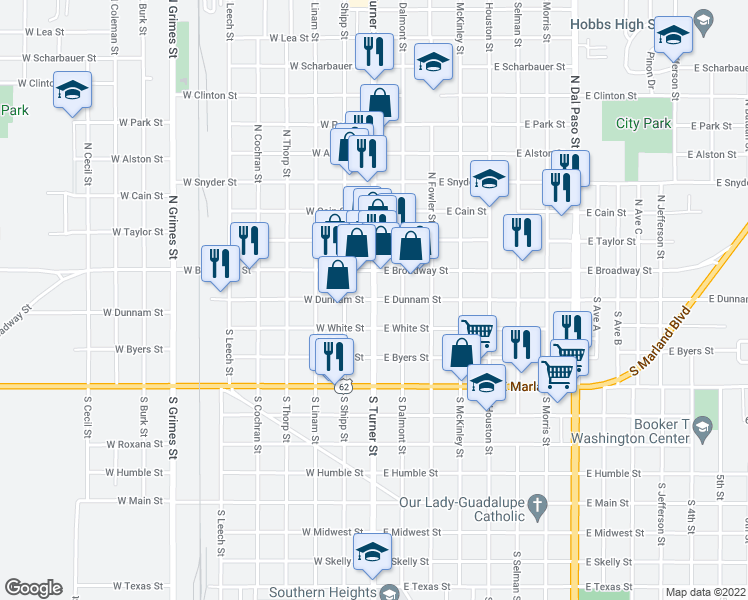 map of restaurants, bars, coffee shops, grocery stores, and more near 100 West Dunnam Street in Hobbs