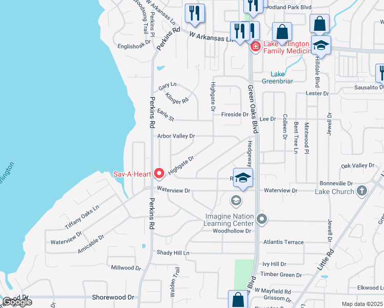 map of restaurants, bars, coffee shops, grocery stores, and more near 5717 Highgate Drive in Arlington