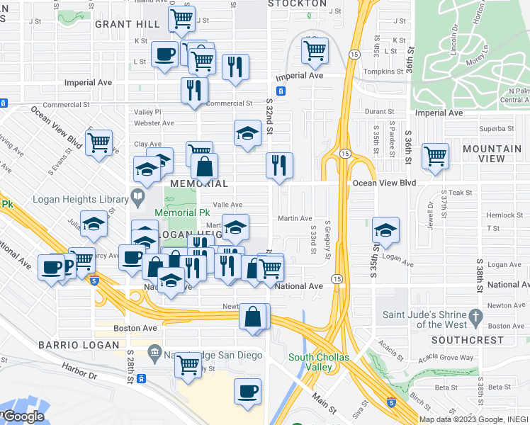 map of restaurants, bars, coffee shops, grocery stores, and more near 612 South 32nd Street in San Diego