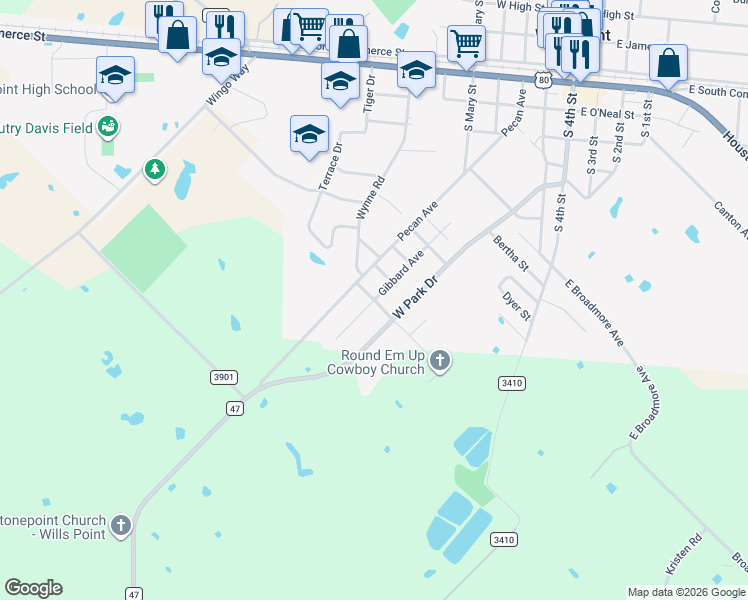 map of restaurants, bars, coffee shops, grocery stores, and more near 1098 Gibbard Avenue in Wills Point