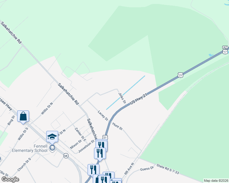 map of restaurants, bars, coffee shops, grocery stores, and more near Pine Street in Yemassee