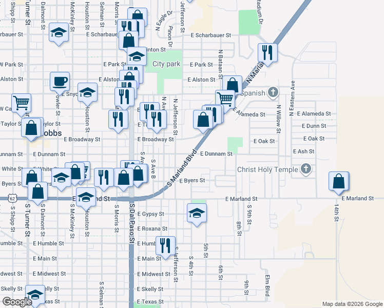 map of restaurants, bars, coffee shops, grocery stores, and more near 1298 East Dunnam Street in Hobbs