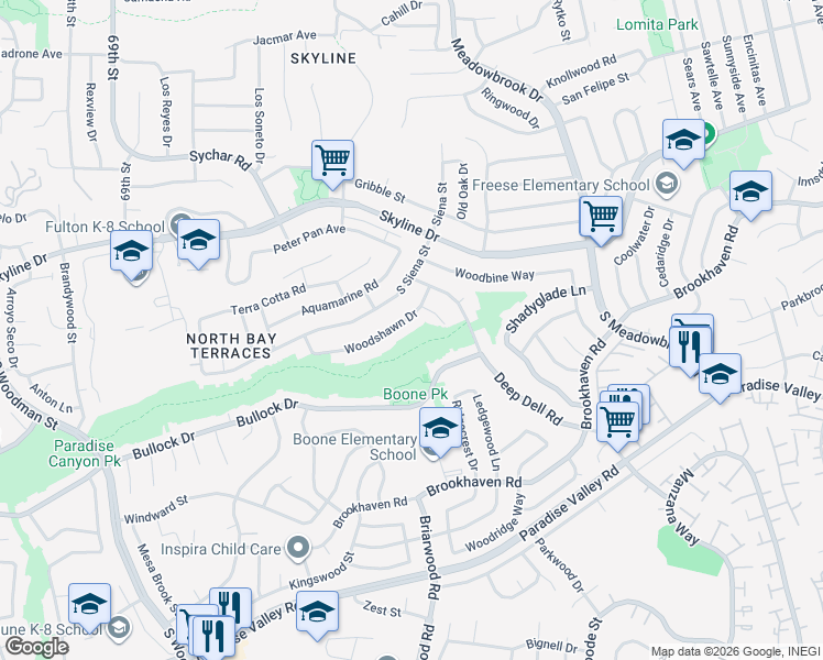 map of restaurants, bars, coffee shops, grocery stores, and more near 7337 Woodshawn Drive in San Diego