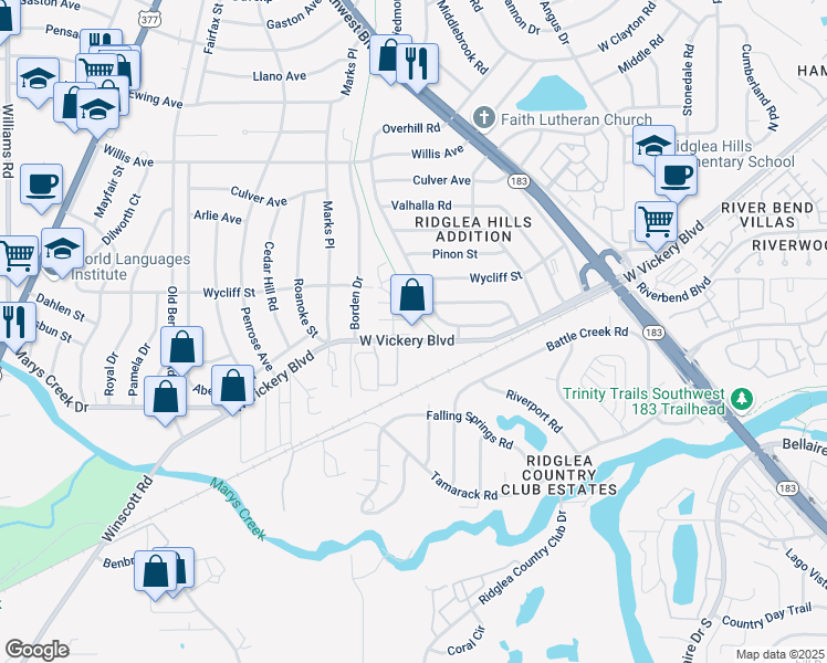 map of restaurants, bars, coffee shops, grocery stores, and more near 7020 West Vickery Boulevard in Fort Worth