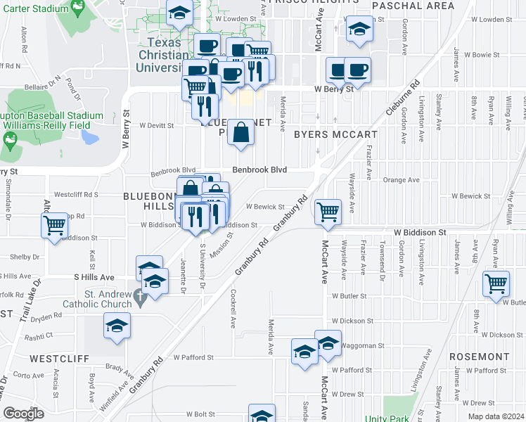 map of restaurants, bars, coffee shops, grocery stores, and more near 2801 West Bewick Street in Fort Worth
