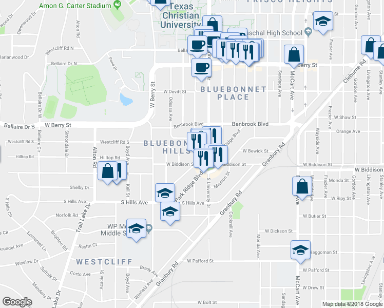 map of restaurants, bars, coffee shops, grocery stores, and more near 3428 Rogers Avenue in Fort Worth