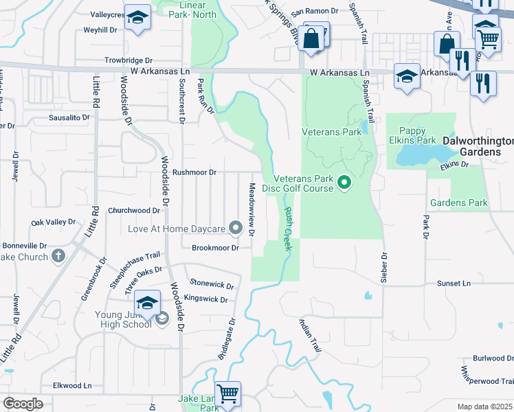 map of restaurants, bars, coffee shops, grocery stores, and more near 2607 Park Run Drive in Arlington