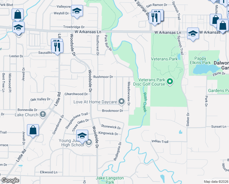 map of restaurants, bars, coffee shops, grocery stores, and more near 2618 Ridgemoor Court in Arlington