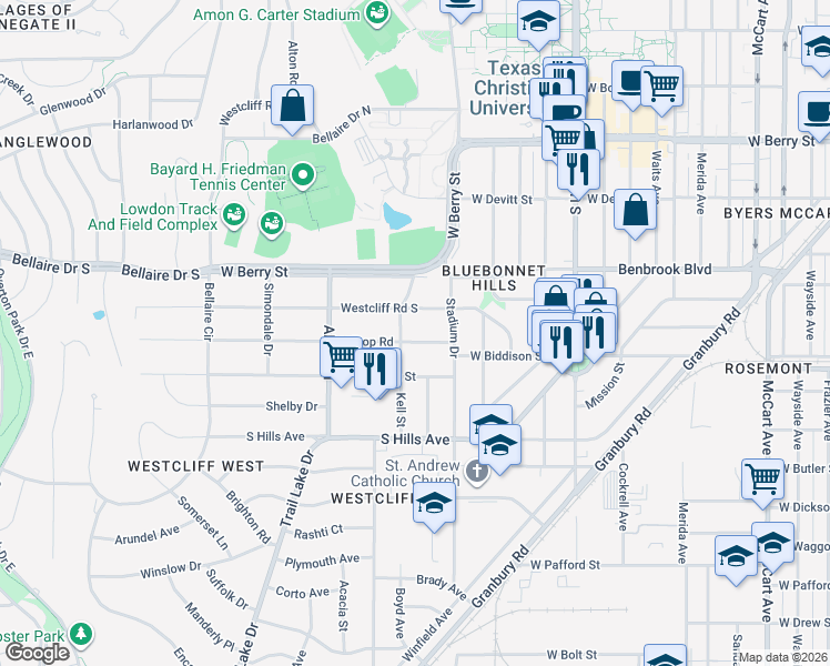 map of restaurants, bars, coffee shops, grocery stores, and more near 3424 Hilltop Road in Fort Worth
