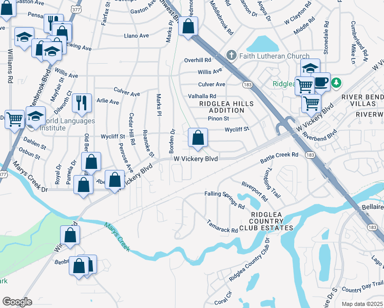 map of restaurants, bars, coffee shops, grocery stores, and more near 7100 West Vickery Boulevard in Fort Worth
