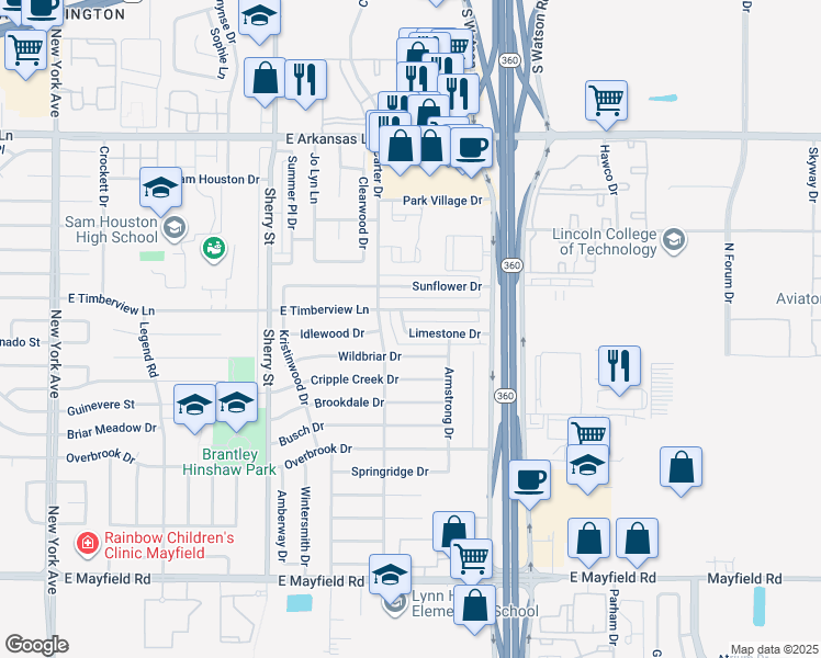 map of restaurants, bars, coffee shops, grocery stores, and more near 2425 Limestone Drive in Arlington