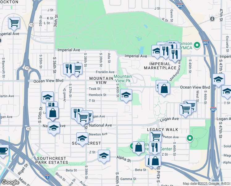 map of restaurants, bars, coffee shops, grocery stores, and more near 3990 Hemlock Street in San Diego