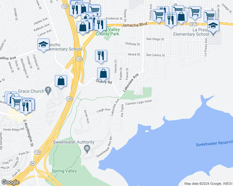 map of restaurants, bars, coffee shops, grocery stores, and more near 6377 Quarry Road in Spring Valley