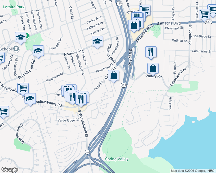 map of restaurants, bars, coffee shops, grocery stores, and more near 8535 Paradise Valley Road in Spring Valley