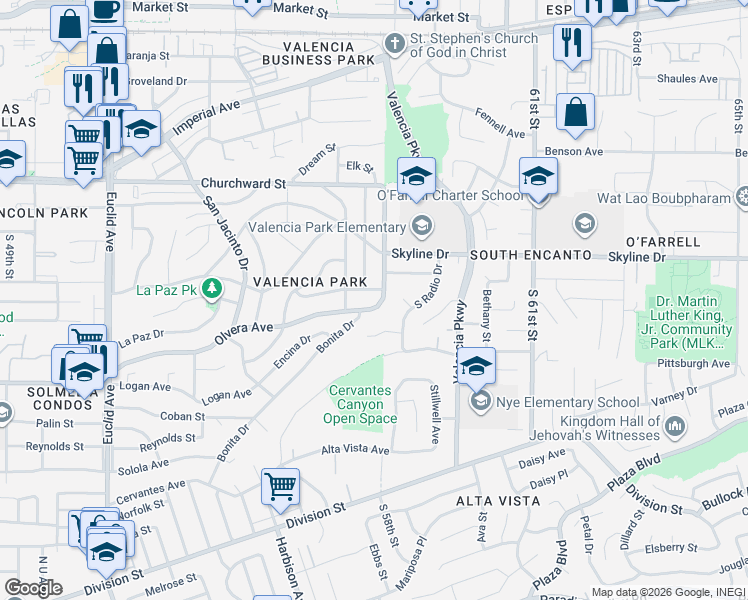 map of restaurants, bars, coffee shops, grocery stores, and more near 504 South 58th Street in San Diego