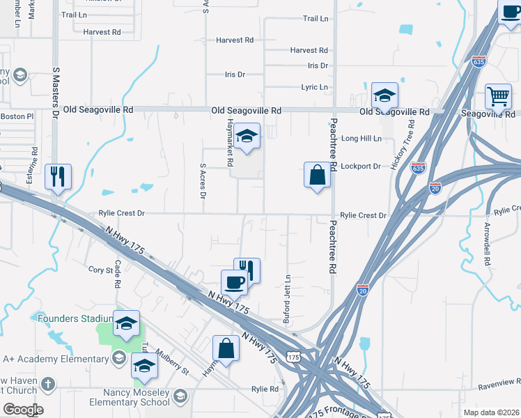 map of restaurants, bars, coffee shops, grocery stores, and more near 721 Edgeworth Drive in Dallas