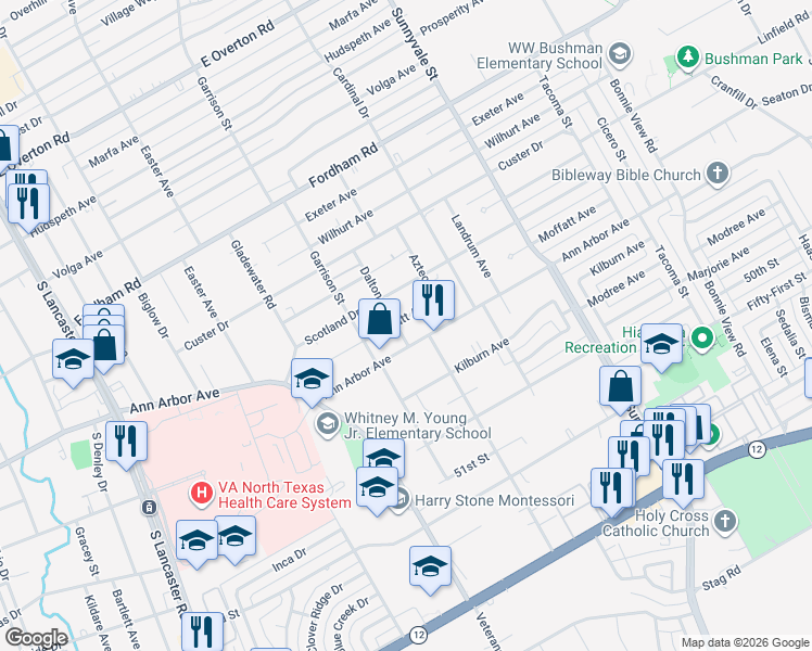 map of restaurants, bars, coffee shops, grocery stores, and more near 2406 Moffatt Avenue in Dallas