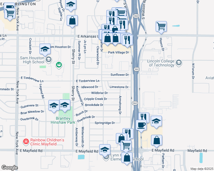 map of restaurants, bars, coffee shops, grocery stores, and more near 2425 Limestone Drive in Arlington