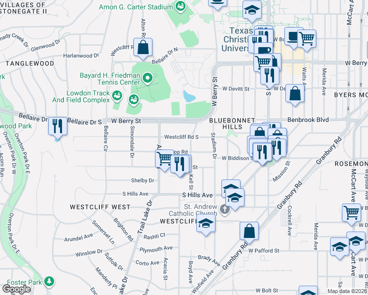 map of restaurants, bars, coffee shops, grocery stores, and more near 3521 Westcliff Road South in Fort Worth