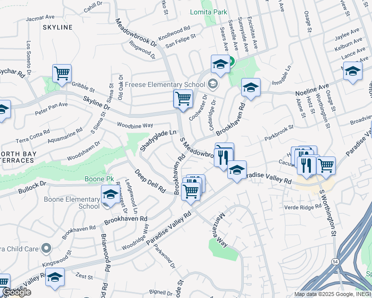 map of restaurants, bars, coffee shops, grocery stores, and more near 292 South Meadowbrook Drive in San Diego