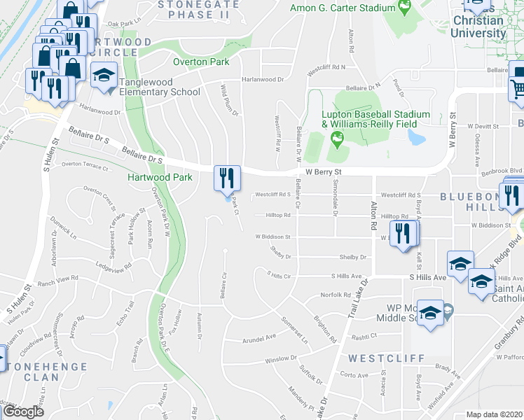 map of restaurants, bars, coffee shops, grocery stores, and more near 3840 Hilltop Road in Fort Worth
