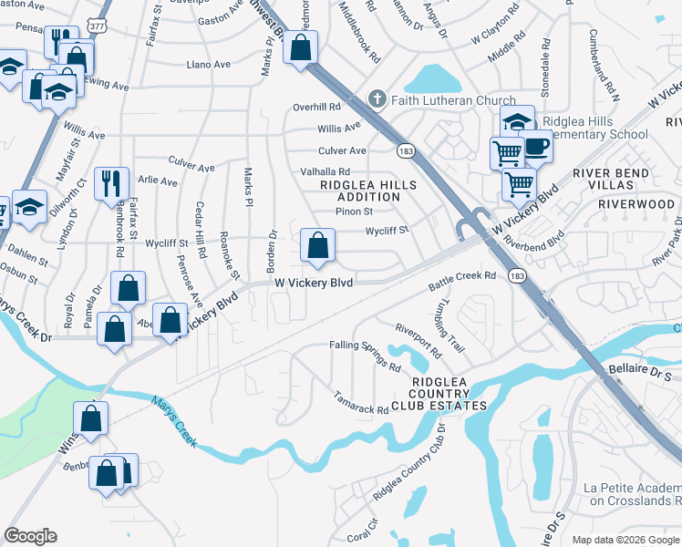 map of restaurants, bars, coffee shops, grocery stores, and more near 7437 Overhill Road in Fort Worth