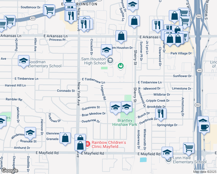map of restaurants, bars, coffee shops, grocery stores, and more near 2010 East Timberview Lane in Arlington