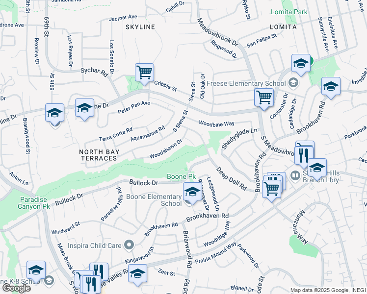 map of restaurants, bars, coffee shops, grocery stores, and more near 7337 Woodshawn Drive in San Diego