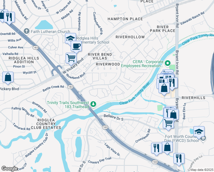 map of restaurants, bars, coffee shops, grocery stores, and more near 731 River Park Drive in Fort Worth