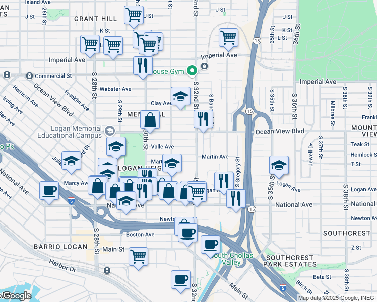 map of restaurants, bars, coffee shops, grocery stores, and more near 3165 Valle Ave in San Diego