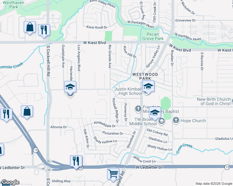 map of restaurants, bars, coffee shops, grocery stores, and more near 3555 Rio Grande Circle in Dallas