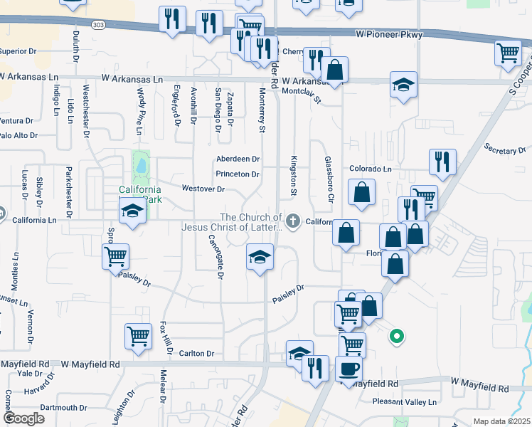 map of restaurants, bars, coffee shops, grocery stores, and more near 1607 California Lane in Arlington