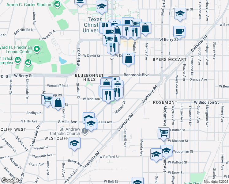 map of restaurants, bars, coffee shops, grocery stores, and more near 3455 Blue Bonnet Circle in Fort Worth
