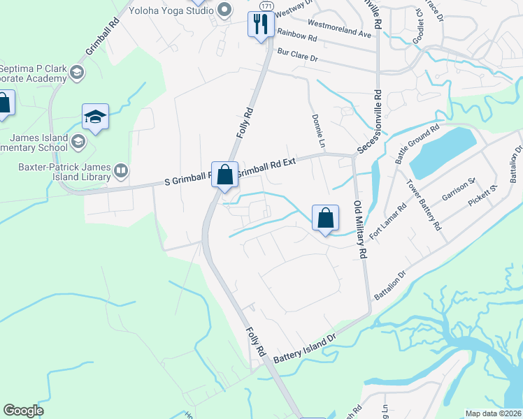 map of restaurants, bars, coffee shops, grocery stores, and more near 1674 Folly Road in Charleston