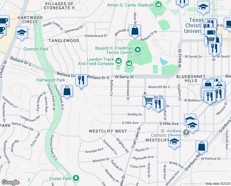 map of restaurants, bars, coffee shops, grocery stores, and more near 3732 Hilltop Road in Fort Worth