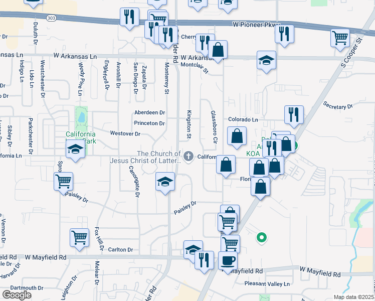 map of restaurants, bars, coffee shops, grocery stores, and more near 1509 California Lane in Arlington