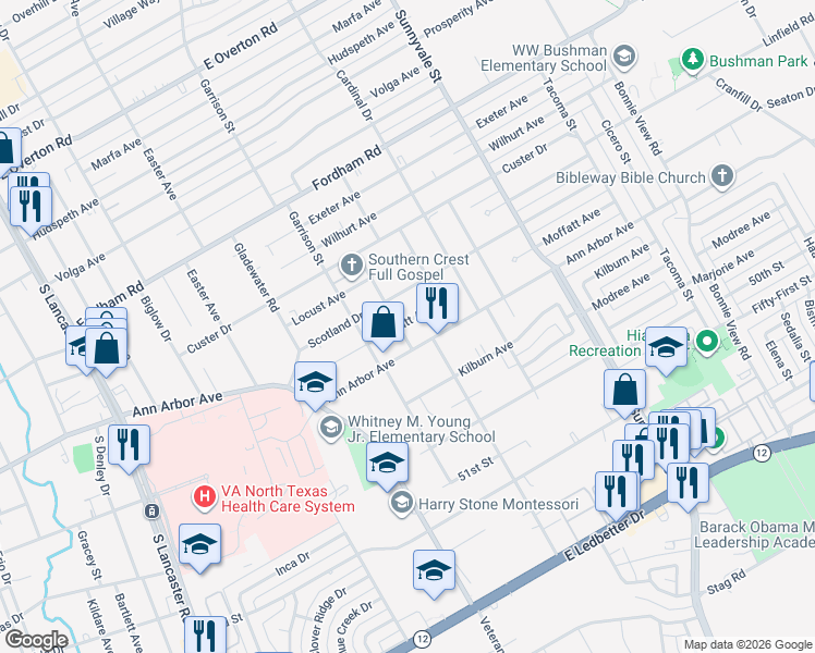 map of restaurants, bars, coffee shops, grocery stores, and more near 2406 Moffatt Avenue in Dallas