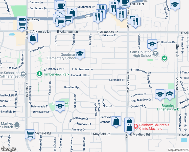 map of restaurants, bars, coffee shops, grocery stores, and more near 1600 Palmwood Trail in Arlington