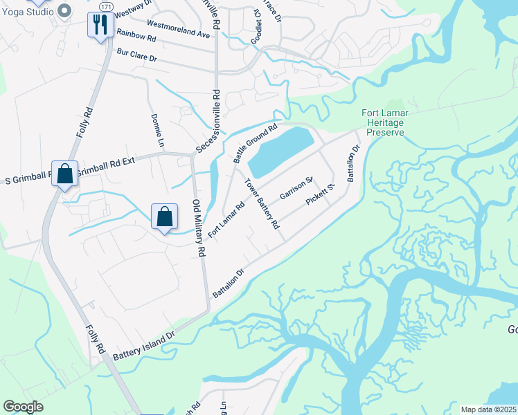 map of restaurants, bars, coffee shops, grocery stores, and more near 1713 Tower Battery Road in Charleston