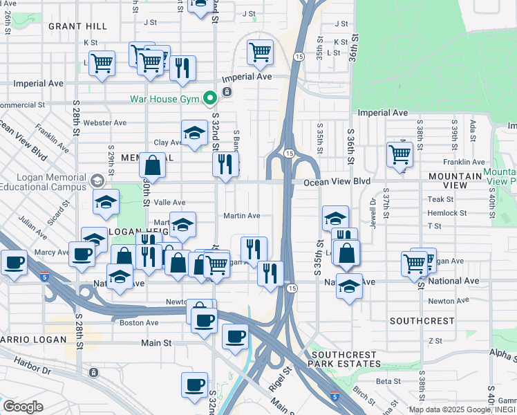 map of restaurants, bars, coffee shops, grocery stores, and more near 622 South 33rd Street in San Diego