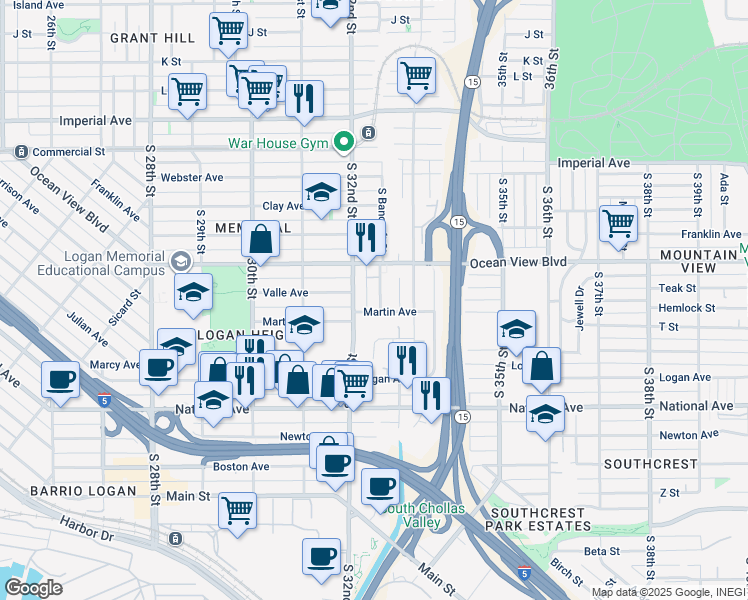 map of restaurants, bars, coffee shops, grocery stores, and more near 628 South Bancroft Street in San Diego