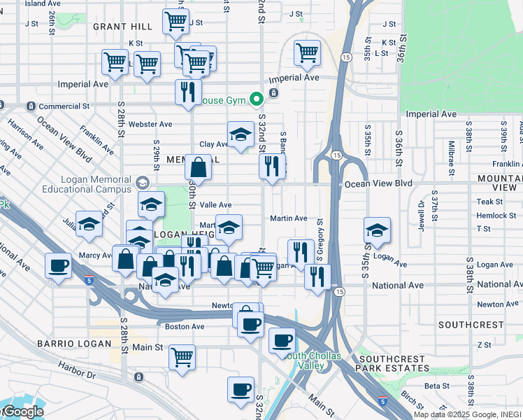 map of restaurants, bars, coffee shops, grocery stores, and more near 3165 Valle Avenue in San Diego