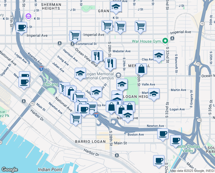 map of restaurants, bars, coffee shops, grocery stores, and more near 587 South 28th Street in San Diego