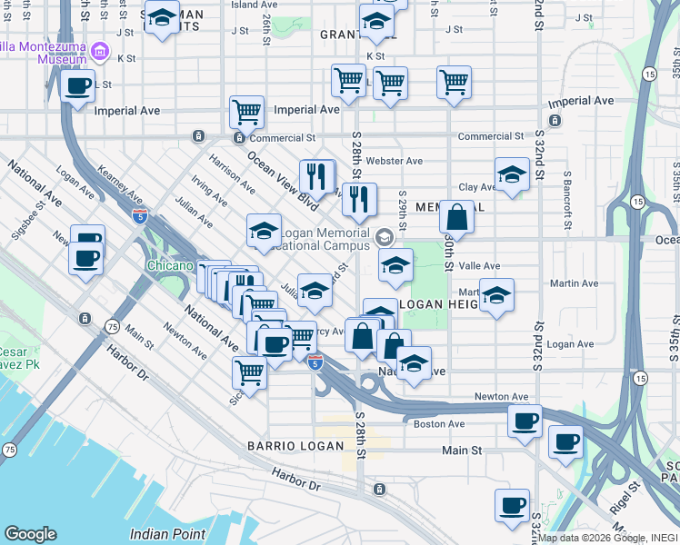 map of restaurants, bars, coffee shops, grocery stores, and more near 2287 Harrison Avenue in San Diego